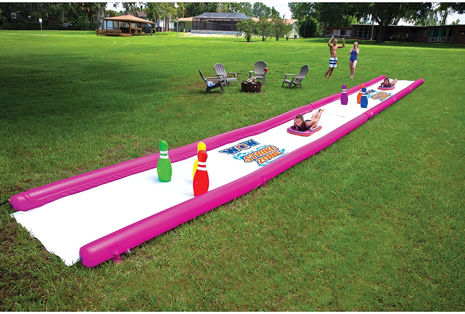 two models using the white and pink slip n' slide which has bowling pins at the end