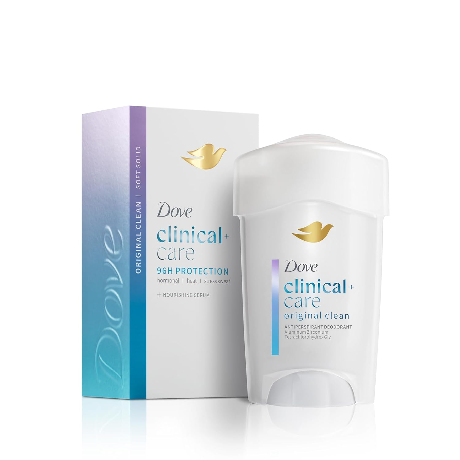 Dove Clinical Care Original Clean deodorant bundle  and stick, offering 96-hour extortion  with nourishing serum