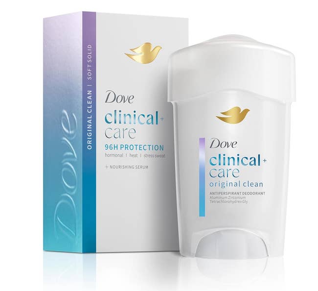 Dove Clinical Care Original Clean deodorant bundle and stick, offering 96-hour extortion with nourishing serum