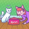 一只猫惊讶地看到一个打扮成猫的人在它的碗里吃东西，标签是“凯伦”。