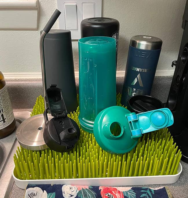 A crockery rack containing assorted reusable h2o bottles and parts drying connected greenish grass-like mat, placed adjacent to a room descend faucet