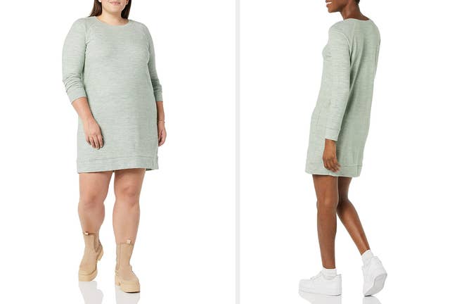 Models showing front and back view of sage green long sleeve knit dress
