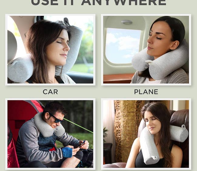 Four people using a neck pillow in different settings: car, plane, camping, and home