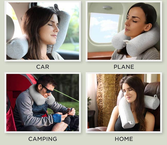 Four people using a neck pillow in different settings: car, plane, camping, and home