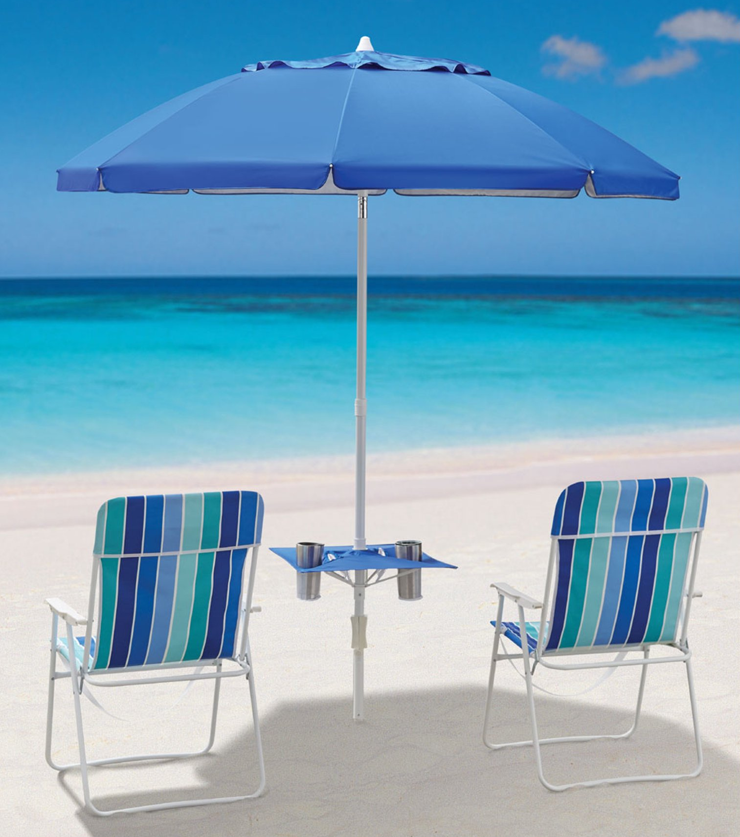 Image of the blue beach umbrella with two blue beach chairs