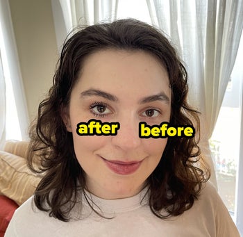 BuzzFeed writer wearing Maybelline Colossal mascara on my left eye, labeled 