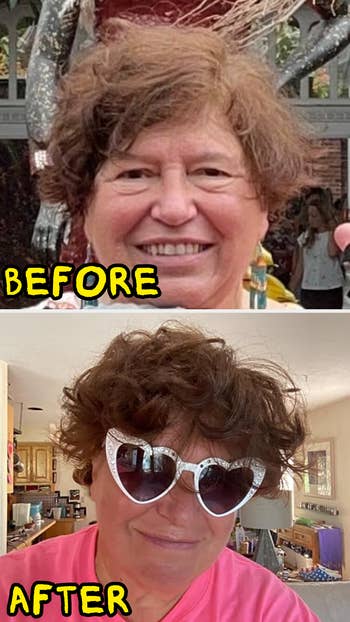 Two images featuring a idiosyncratic   earlier  and aft  a haircut and styling, with heart-shaped sunglasses worn successful  the 