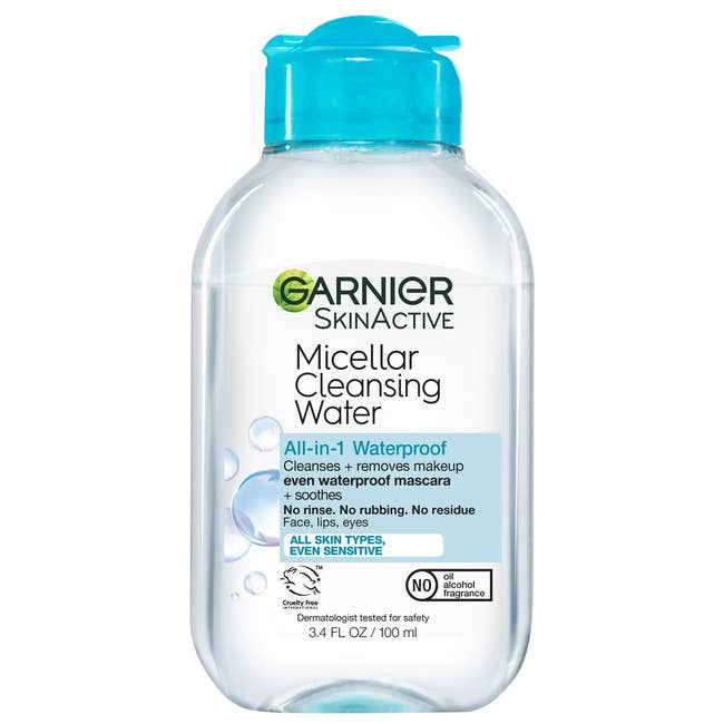 Garnier SkinActive Micellar Cleansing Water successful  a wide   vessel  with bluish  cap, labeled arsenic  waterproof and suitable for each  tegument  types, adjacent    sensitive