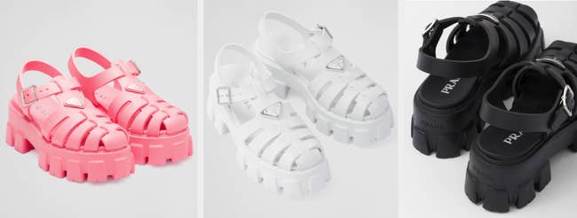 Three images of pink, white, and black sandals