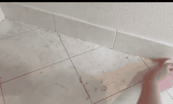 A gif of a reviewer removing dust rom a tile floor and showing it collect on the ridges of the damp duster