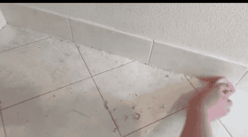 A gif of a reviewer removing dust rom a tile floor and showing it collect on the ridges of the damp duster