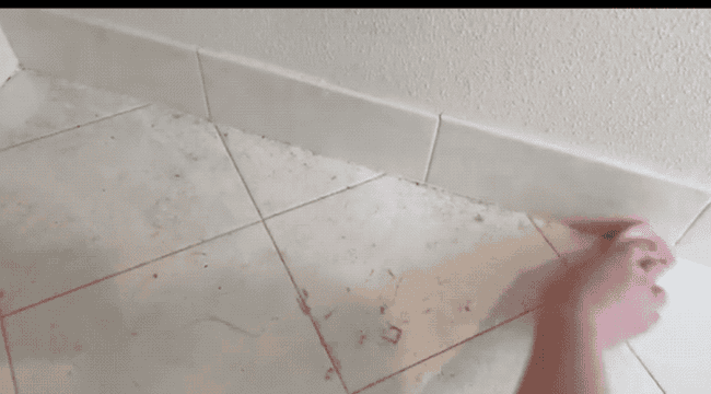 A gif of a reviewer removing dust rom a tile floor and showing it collect on the ridges of the damp duster
