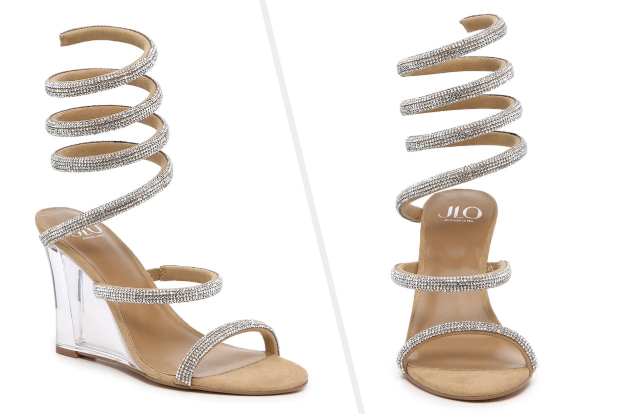 Two images of the clear wedge sandals