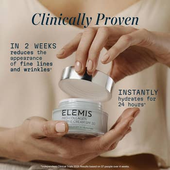 Person holding a jar of Elemis Pro-Collagen Marine Cream SPF 30, with substance   highlighting its anti-aging and hydrating benefits