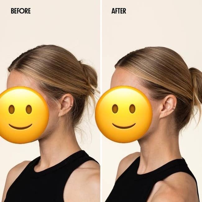 Side-by-side comparison of a woman wearing a black top with different hairstyles, labeled