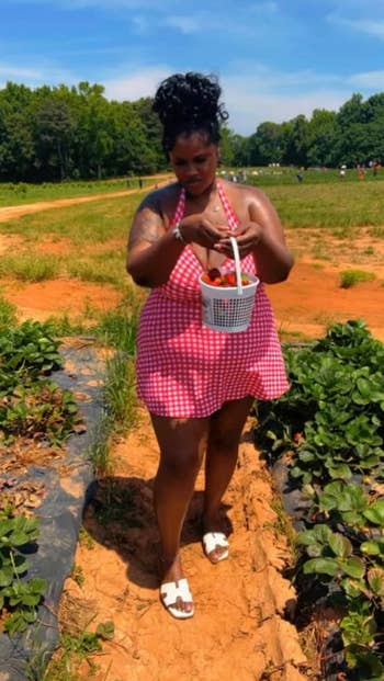 reviewer successful  a gingham formal  and sandals picks strawberries successful  a field