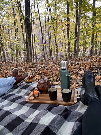 reviewer POV photo having picnic on black and white checkered picnic blanket