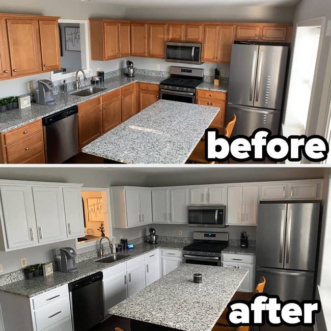 top: reviewer's before photo of brown cabinets in kitchen / bottom: reviewer's after photo of same cabinets now a bright white