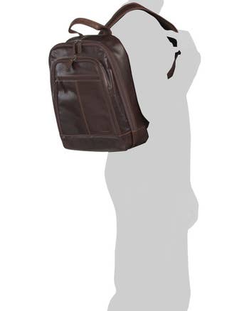 Leather backpack modeled on a silhouette, showcasing its sleek design and front zipper pocket, ideal for shopping readers interested in style and functionality