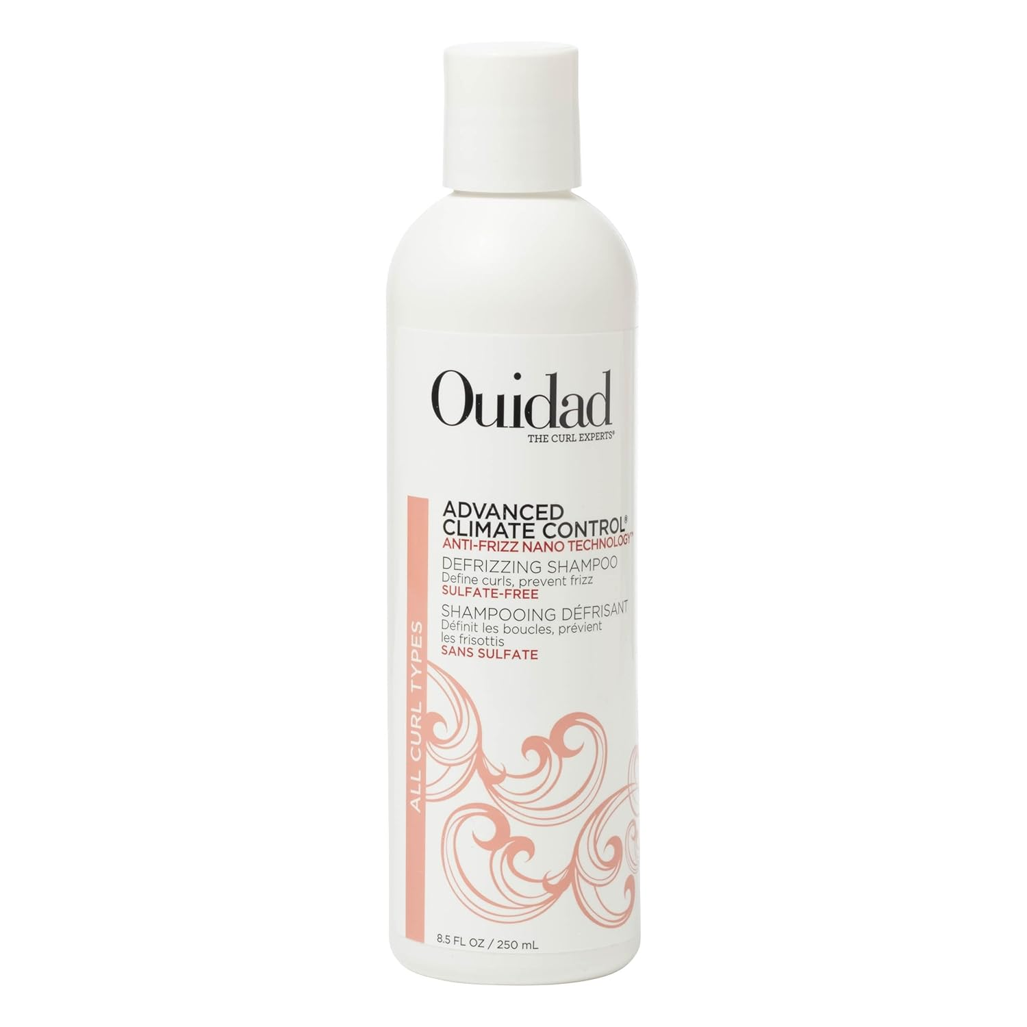 Ouidad Advanced Climate Control Anti-Frizz Nanotechnology Defrizzing Shampoo, sulfate-free, 8.5 fl oz bottle. Designed for curly hair types