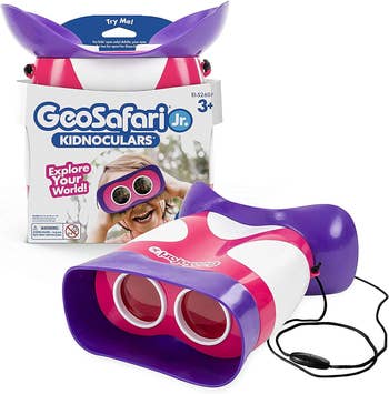 Toy binoculars for kids, GeoSafari Jr. Kidnoculars, shown with packaging featuring 