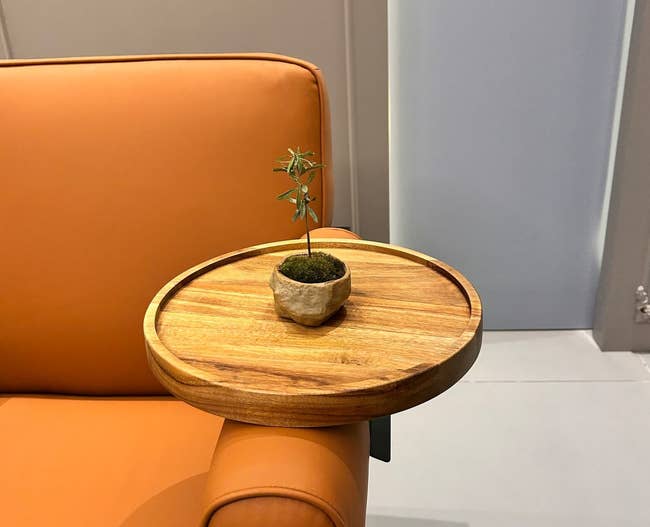 the wood clip-on table attached to a sofa arm holding a small plant