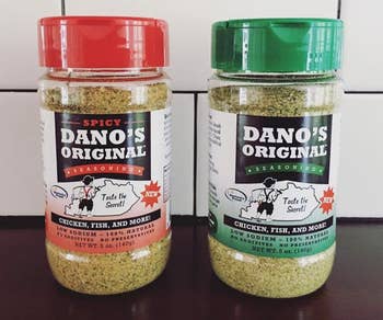 Two jars of DanO's Original Seasoning in spicy and original blends on a shelf