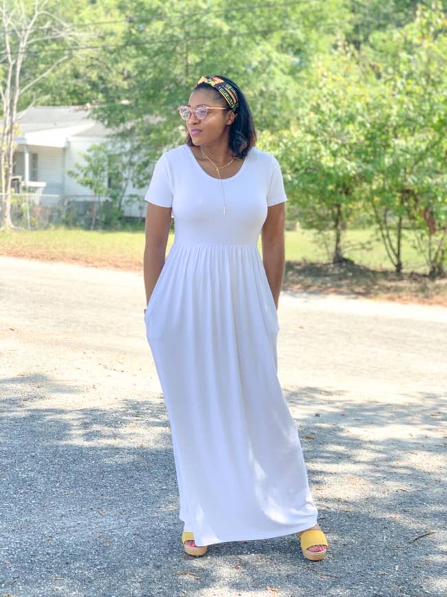 reviewer photo wearing long white maxi dress outside