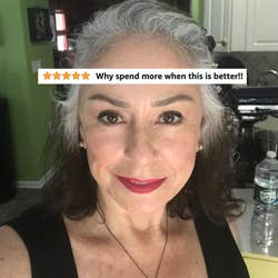A reviewer wearing the eyeliner with five star review text 