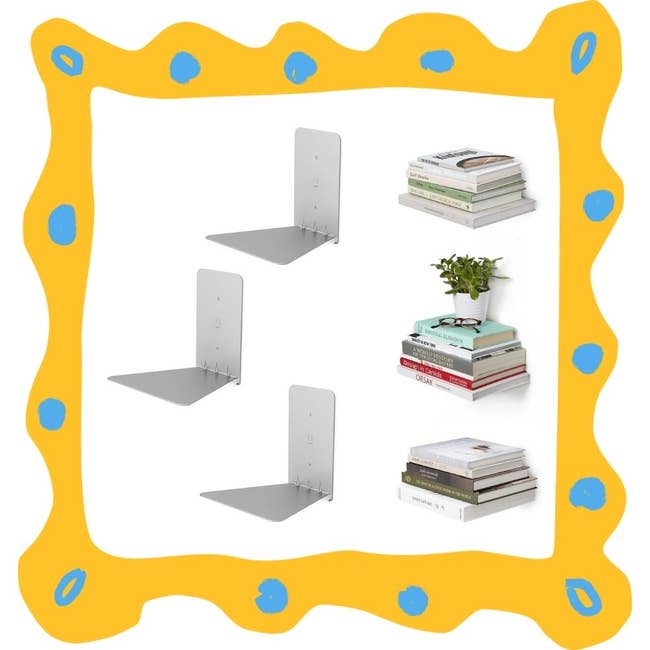 Minimalist metal wall-mounted shelves with books and a plant displayed