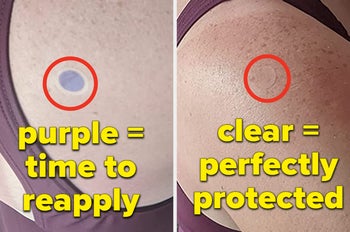 a reviewer showing how the sticker is clear when you're protected and purple when you need to reapply