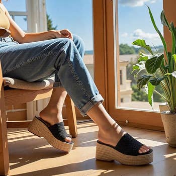 Woman seated indoors wearing casual jeans and level    sandals with woven texture, adjacent  to a model   with a scenic outdoor view