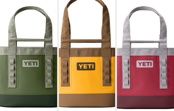 A triptych image of a green, yellow, and red Yeti bag