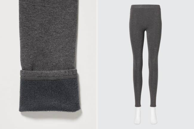 collage of inside-out legging, showing fleece, and product image of gray leggings on mannequin