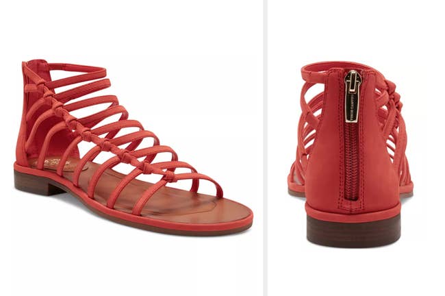Red side knotted side view of gladiator sandal on a white background, back view of product with zipper on a white background