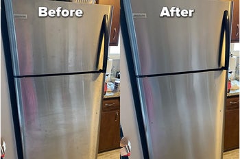 reviewer side-by-side of their dirty fridge before cleaning, and then their clean fridge after polishing 