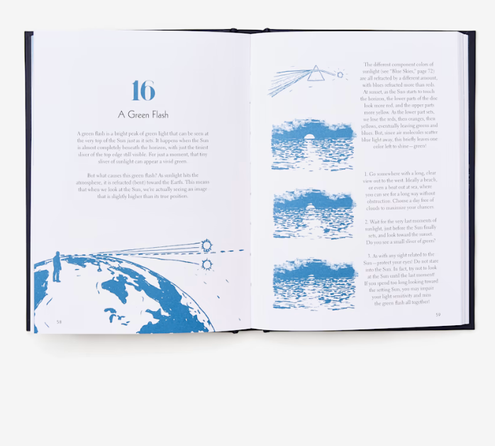 Open book showcasing an illustrated page with diagrams of a natural phenomenon and accompanying explanatory text