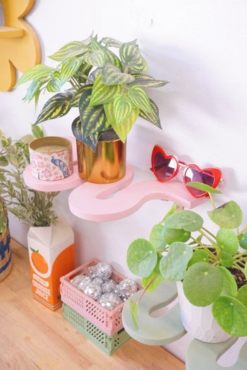 a close up of the pink shelf with plants and sunglasses sitting on top