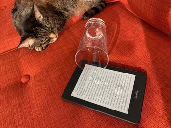 reviewer photo of a glass of water spilled on their black kindle and their cat sleeping next to it