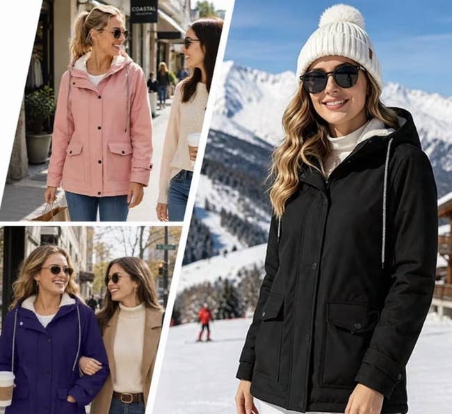 Three radical modeling wintertime jackets successful municipality and snowy settings, showcasing styles successful pink, purple, and achromatic with hoods and pockets