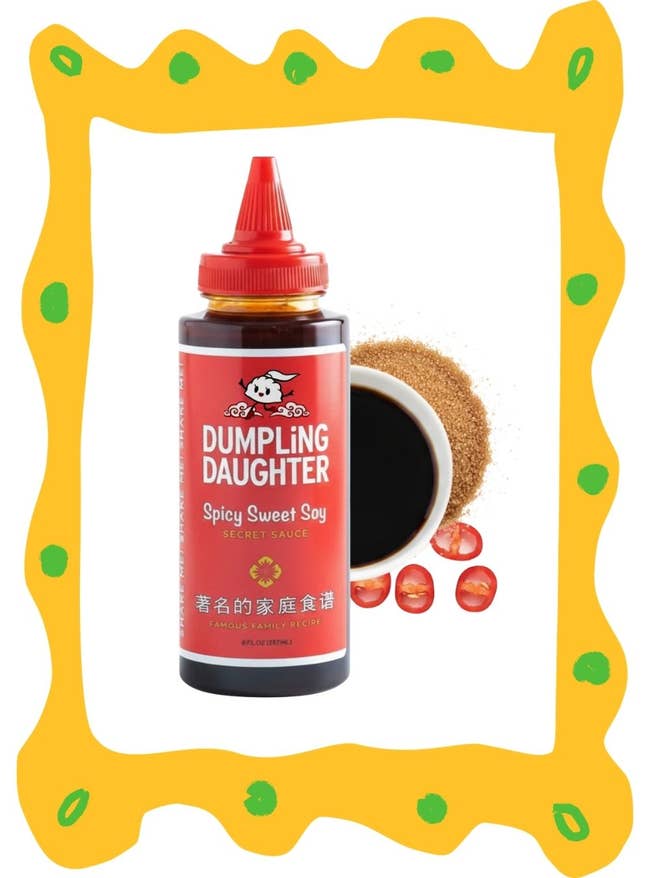Bottle of Dumpling Daughter Spicy Sweet Soy Sauce peppers and brown sugar on the side
