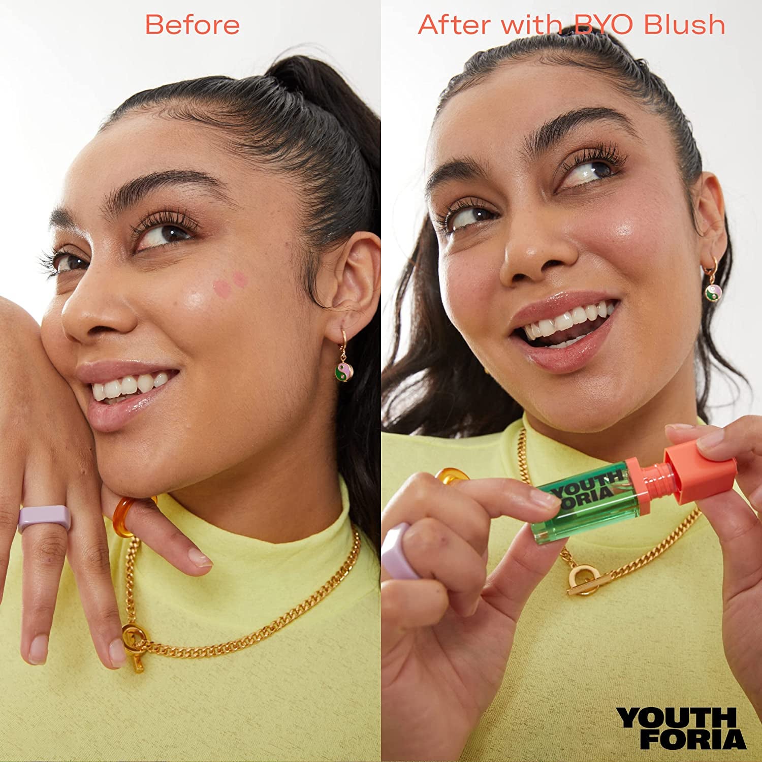 model before and after wearing pink blush