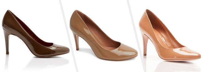Three images of glossy pumps in three shades