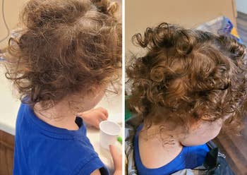 Reviewer's child's curly hair before using the spray and defined shiny curls after
