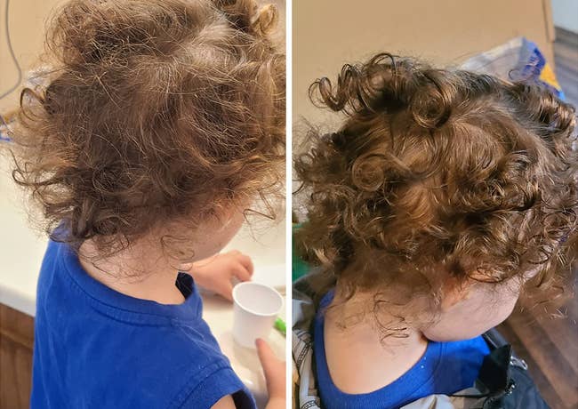 Reviewer's before photo showing their child's curly hair before using the spray and after photo showing glossy curls with the spray