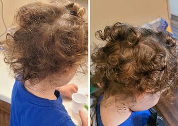 Reviewer's child's curly hair before using the spray and defined shiny curls after