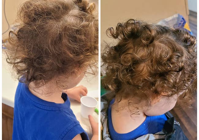 Reviewer's before photo showing their child's curly hair before using the spray and after photo showing glossy curls with the spray