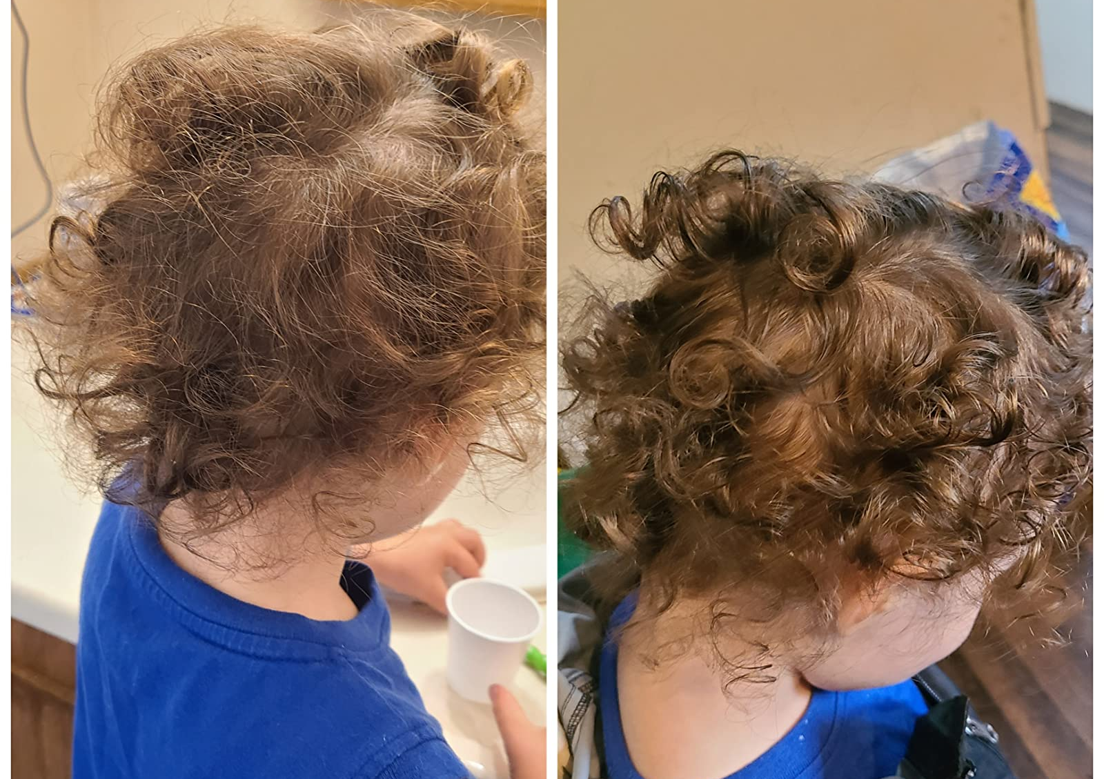 Reviewer's before photo showing their child's curly hair before using the spray and after photo showing glossy curls with the spray