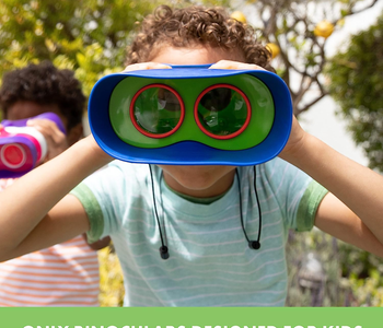 child model holding binoculars up to their face
