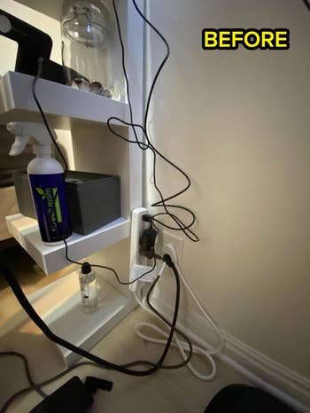 reviewer shows a messiness  of wired beside shelves